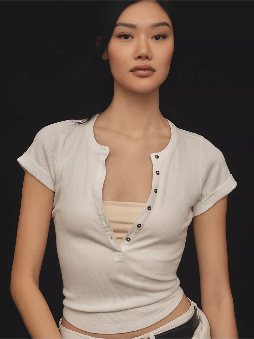 Anthropologie Pilcro Ribbed Henley Short Sleeve Top White Medium